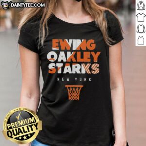 Vintage ladies tee featuring New York Knicks Ewing, Oakley, and Starks for a stylish basketball fan look.
