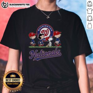Cute Snoopy, Charlie Brown, Linus, and Lucy in Washington Nationals baseball jerseys on ladies' tee shirt.