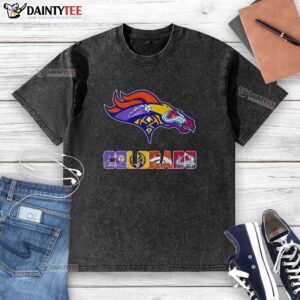 Alt Text: Good Denver Broncos, Denver Nuggets, Colorado Rockies, and Colorado Avalanche sports logo mashup on a washed t-shirt.