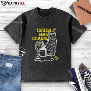 Hot Cat Truth Has Claws washed t-shirt featuring a playful cat graphic and bold text for cat lovers.