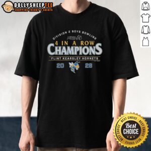 Alt Text: Flint Kearsley Hornets T-Shirt celebrating 2026 MHSAA Boys Bowling D2 4 in a Row Champions with vibrant graphic design.
