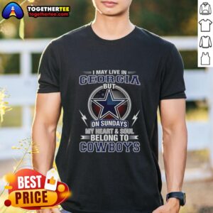 Top Dallas Cowboys NFL T-shirt: 'I May Live In Georgia, My Heart Belongs To Cowboys' for passionate fans.