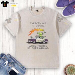 Cool washed t-shirt featuring 'Awesome Wizard Police: Everything is Legal When There's No Cops Around' graphic design.
