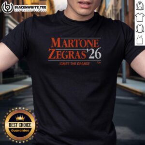 Alt Text: Hot Martone-Zegras '26 Ignite The Orange T-Shirt featuring vibrant colors and bold graphics for passionate fans.