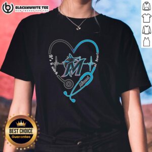 Miami Marlins stethoscope heartbeat graphic on a women's tee, perfect for fans and healthcare professionals.