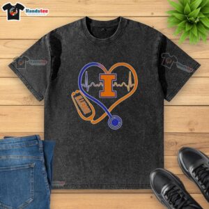 Nice Illinois Fighting Illini Heartbeat Love Nurse Washed T-Shirt design featuring a heart and medical symbols in vibrant colors.