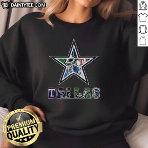 Collage of Dallas Cowboys NFL logos and Dallas sports team logos on a stylish sweatshirt design.