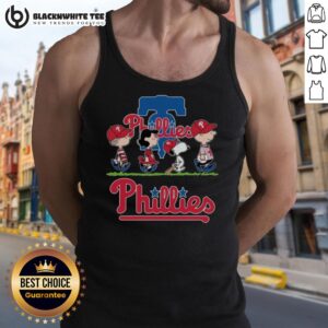 Cute Snoopy, Charlie Brown, Linus, and Lucy in Philadelphia Phillies baseball jersey tank tops, showcasing team spirit.