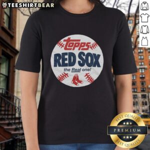 Alt Text: Awesome Boston Red Sox MLB X Topps Baseball The Real One Ladies Tee featuring team logo and stylish design.
