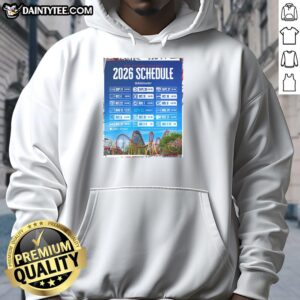 2026 New England Patriots NFL schedule poster hoodie featuring all game kickoffs and team colors.