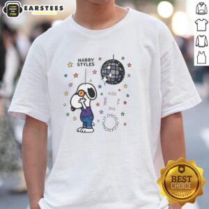 Cartoon T-shirt featuring Snoopy kissing with a disco theme, perfect for fans of fun and stylish graphic tees.