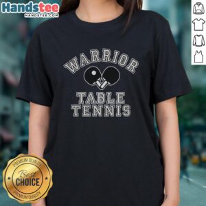 Premium Warrior Table Tennis design featuring two crossed ping pong paddles on a ladies tee shirt.