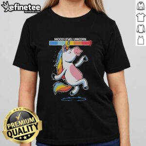 Nice Unicorn Happy Vibes Dancing Mood Level Ladies Tee featuring a colorful unicorn design for joyful fashion.