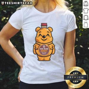 Cute bear holding a honey bottle on a ladies tee, perfect for animal lovers and casual wear enthusiasts.