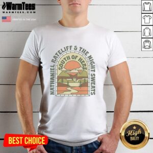 Hot Nathaniel Rateliff And The Night Sweats T-shirt featuring a retro landscape with mountains, perfect for fans.