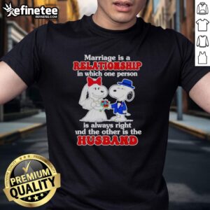 Funny marriage joke t-shirt featuring Snoopy: 'One person is always right' for couples, perfect for wedding gifts.