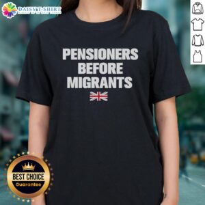Premium Pensioners Before Migrants UK Flag Ladies Tee featuring a stylish design and vibrant colors for casual wear.