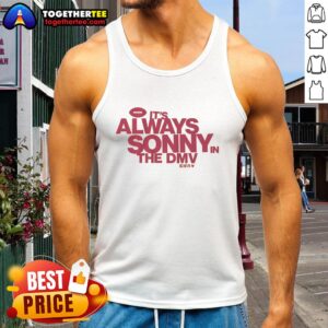 Alt Text: Hot Sonny Styles wearing 'It's Always Sonny in the DMV' tank top, showcasing vibrant design and trendy summer fashion.