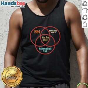 Alt Text: Premium tank top featuring a Venn diagram of dystopian literature: 1984, Brave New World, and Fahrenheit 451.