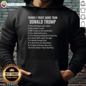 Premium 'Things I Trust More Than Donald Trump' hoodie featuring bold text design, perfect for expressing your views.