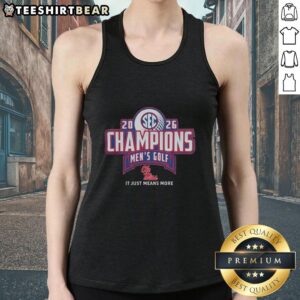 Alt Text: Top Ole Miss Rebels 2026 SEC Men's Golf Champions tank top in locker room, celebrating victory and team spirit.