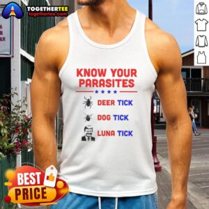 Alt Text: Good Know Your Parasites tank top featuring deer tick, dog tick, and Luna tick designs for awareness.