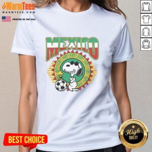 Alt Text: Cute Peanuts Snoopy X Mexico soccer ladies tee featuring vibrant graphics of Snoopy and a soccer theme.