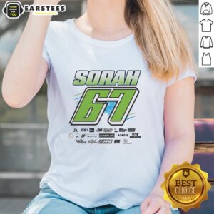 Alt Text: Premium Sorah 67 race car driver tee for motorsports fans, showcasing auto racing enthusiasm in stylish ladies apparel.