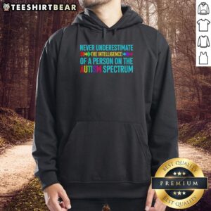 Hot hoodie featuring the phrase 'Never Underestimate the Intelligence of a Person on the Autism Spectrum' in bold print.