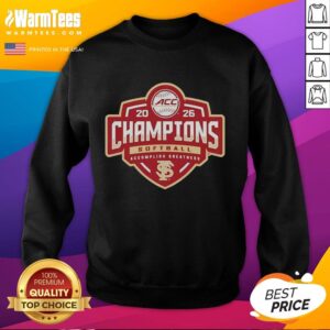 Alt Text: Official Florida State Seminoles 2026 ACC Softball Tournament Champions sweatshirt in garnet and gold colors.