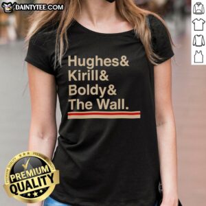 Alt Text: Official Minnesota Hockey Hughes Kirill Boldy The Wall Ladies Tee featuring vibrant team colors and stylish design.