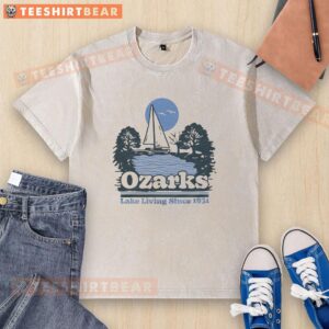 Top Ozarks Lake Living Since 1931 ash washed t-shirt showcasing a vintage design perfect for lake enthusiasts.