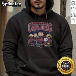 Good Montreal Canadiens Peanuts cartoon team ice hockey hoodie featuring Snoopy and friends in team colors.