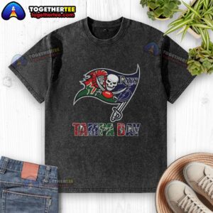 Alt Text: Awesome Tampa Bay Buccaneers NFL logo on a washed t-shirt, perfect for fans of Tampa Bay sports teams.