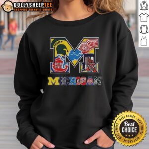 Hot Michigan Wolverines NCAA collage sweatshirt featuring logos of Michigan sports teams in vibrant colors.