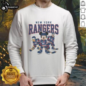 Alt Text: New York Rangers Disney team ice hockey sweatshirt featuring vibrant graphics and team colors, perfect for fans.