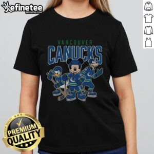 Alt Text: Awesome Vancouver Canucks Disney Team ice hockey ladies tee featuring vibrant graphics and a stylish design.