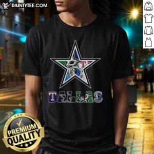 Alt Text: Dallas Cowboys NFL logo collage t-shirt featuring Dallas sports team icons and vibrant design for fans.