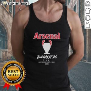 Top Arsenal FC Budapest 2026 UEFA Champions League Final tank top featuring bold team graphics and vibrant colors.