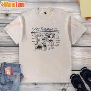 Alt Text: Premium Scott Pilgrim Vs The World You Won't Know What Hit You Wash T-Shirt featuring bold graphics and comfortable fit.