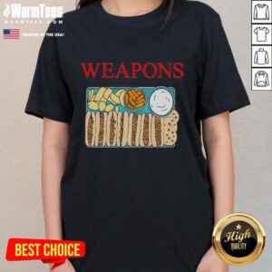 Alt Text: Funny weapons themed ladies tee featuring hot dog, cookies, and chips for fast food lovers.