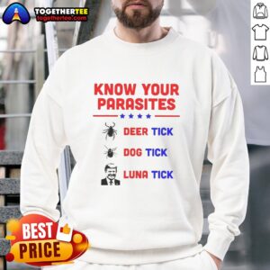 Good Know Your Parasites sweatshirt featuring deer tick, dog tick, and luna tick illustrations for tick awareness.