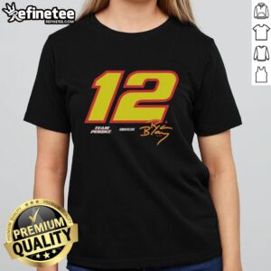 Alt Text: Vintage ladies tee featuring Ryan Blaney's Team Penske NASCAR design, perfect for fans of Hendrick Motorsports.