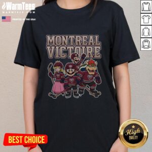 Alt Text: Pretty Montreal Victoire Super Mario Team ice hockey ladies tee featuring vibrant graphics and stylish design.
