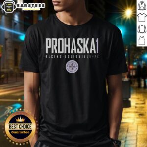 Hot Prohaska 1 Racing Louisville FC T-Shirt featuring vibrant team colors and logo, perfect for fans and casual wear.
