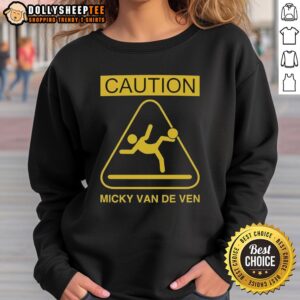 Alt Text: Pretty Micky Van De Ven Tottenham Hotspur sweatshirt featuring a caution slide kick design, perfect for fans.