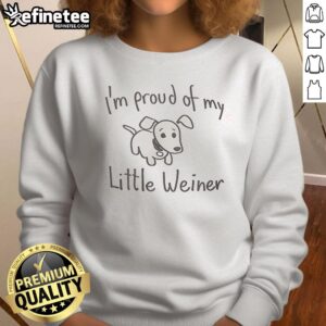 Cute dachshund wearing a 'Proud of My Little Wiener' sweatshirt, showcasing its adorable personality.