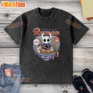 Alt Text: Vintage washed t-shirt featuring 'Pretty Hallownest Ramen' graphic, perfect for fans of unique food-themed apparel.