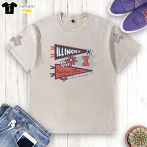 Alt Text: Awesome Illinois Fighting Illini flags on a washed t-shirt in Urbana-Champaign, IL, showcasing team spirit and style.