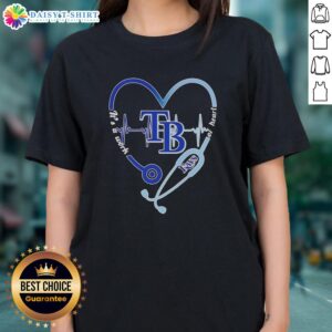 Top Tampa Bay Rays stethoscope heartbeat graphic on a ladies tee, showcasing a unique blend of sports and heart health.